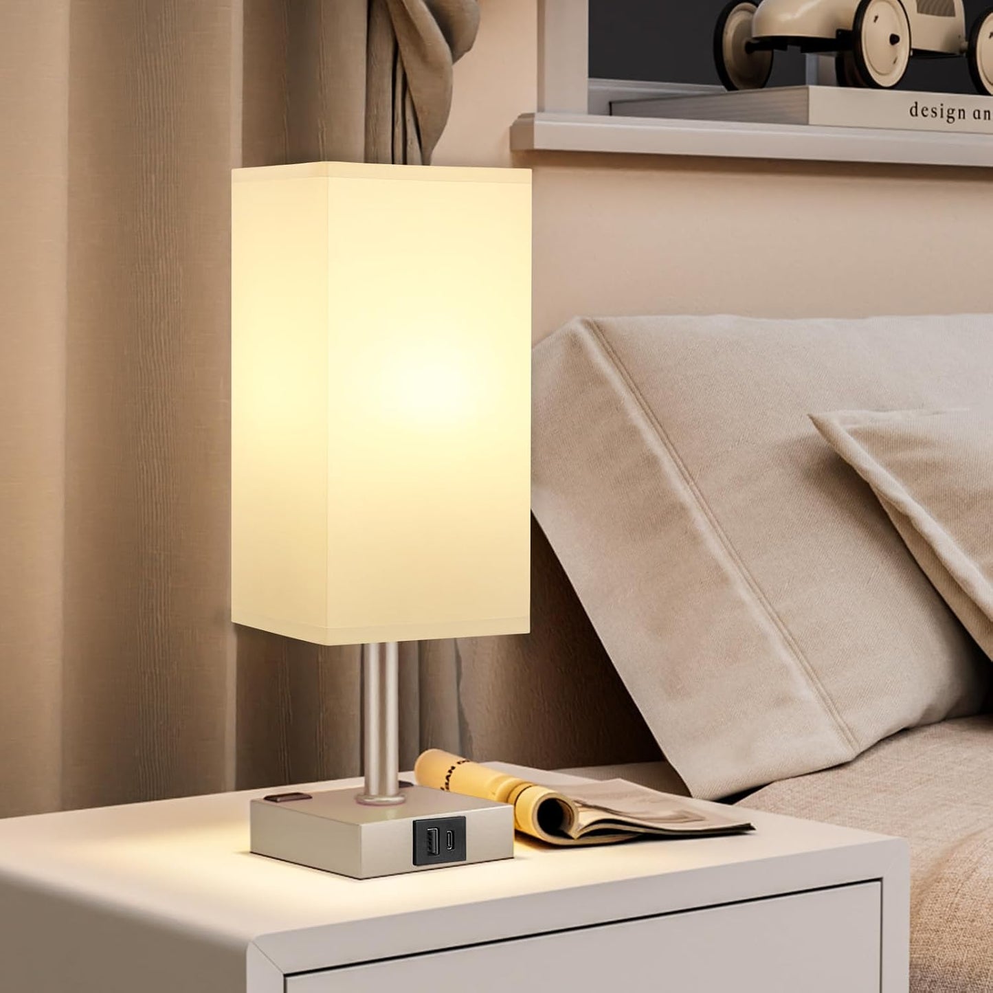 Antique White Touch Table Lamp - Mochaca Gold Bedside Lamp with USB A + Type C Charging Ports and Two AC Outlets, Small Night Stand with E26 LED Bulb, Desk Light for Bedroom Living Room Office Dorm