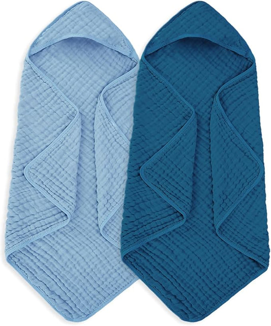 Muslin Baby Towels 100% Cotton ，Super Soft Muslin Baby Bath Towel - 32 x 32 Inches, Suitable for Newborn and Young Children up to 3 Years Old. (Light Blue & Dark Blue)