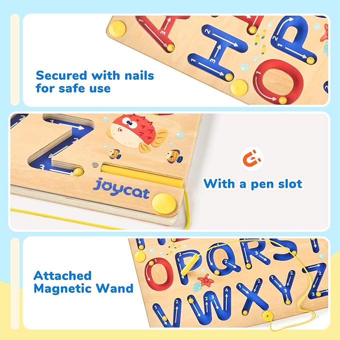 JoyCat Magnetic Letter Tracing Board, Wooden Alphabet Tracing Board for Toddlers ABC Magnets Letter Writing Practice, Magnetic Maze Preschool Learning Educational Toys for Kids 3-5