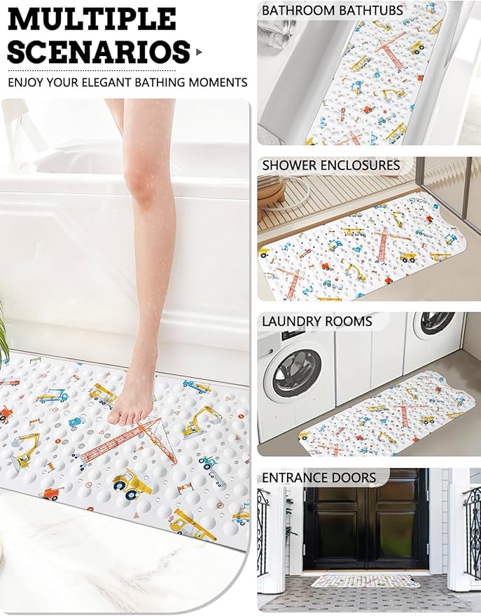 LNOND Baby Bath Mat Non Slip, Kids Bath Mat for Bathroom, Building Machine Shower Mat with Drain Holes and Suction Cups,40 X 16 Inch