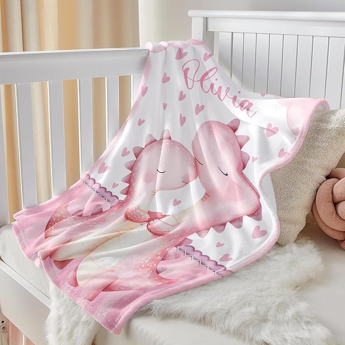 Personalized Baby Blanket for Girls, Custom Baby Blanket with Name, Soft Cozy Personalized Name Blankets for Kids, Customized Dinosaur Blanket for Infant Toddler Birthday Christmas
