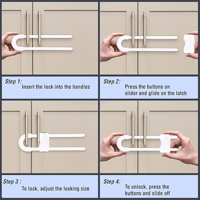 Sliding Cabinet Locks for Baby, Baby Proofing Adjustable U-Shaped Baby Safety Latches for Handles Knobs Drawers, Fridge, Closet, Cupboard, Closet with Secure Lock Buttons,2Pack (White)