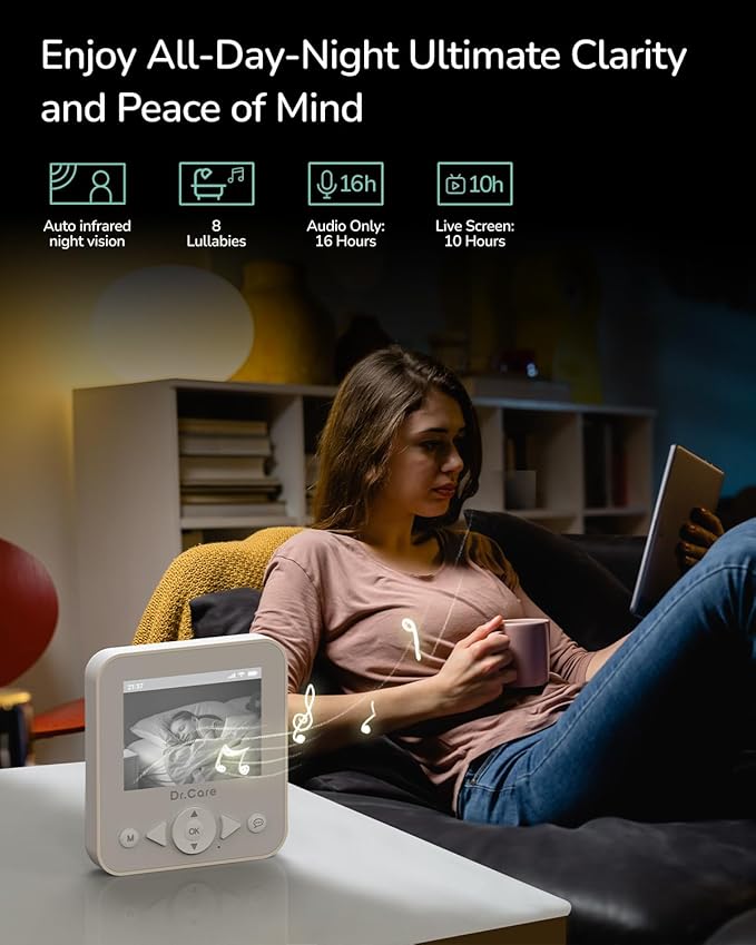 Dr.Care NeoView Video Baby Monitor with 2 Cameras, 2.8” Screen, 2-Way Audio, Video Loop Recording, Night Vision, Real-Time/VOX Monitoring, Temperature Sensor, Lullabies, Belt Clip Design