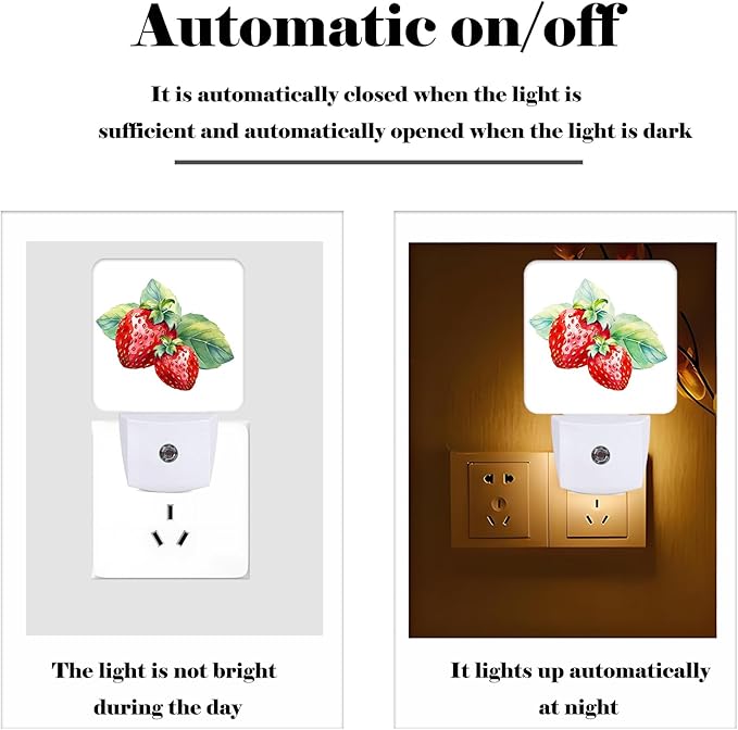Watercolor Cute Strawberry Night Light,Plug Into Wall with Dusk to Dawn Light Sensors, Warm Nightlights for Bedroom, Bathroom, Hallway, Kitchen, Gifts Ideal for Boys Girls Women Men