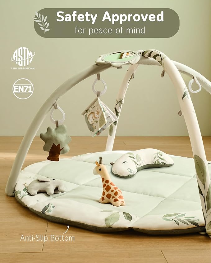 Fortella Baby Play Gym & Activity Mat, Tummy Time Mat w 5 Detachable Toys and Pillow, Large Sensory Playmat for Floor, Newborn Infant Baby Essentials Shower Gift 0-3-6-9-12 Months (Sage Green)