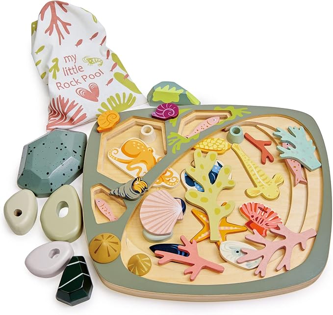 Tender Leaf Toys - My Little Rock Pool - 35 Piece Wooden Sea Life Set with Illustrated Drawstring Bag - Educational Play toy, Improve Fine Motor Skills, Shape Sorting Play for Boys and Girls - Age 3 +