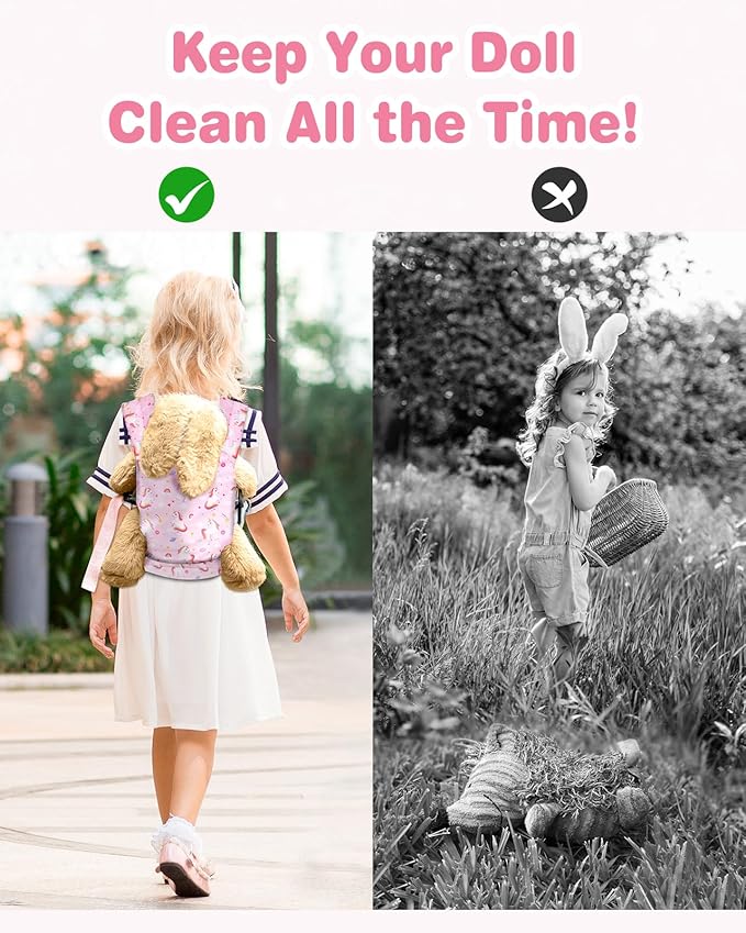 Lictin Baby Doll Carrier, Front and Back Doll Accessories Carrier for Little Girls, with Adjustable Straps for Stuffed Animal Reborn Baby Doll, Pink Unicorn