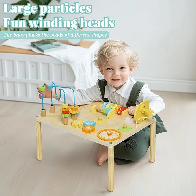 Activity Table for 1+ Year Old, 8-in-1 Wooden Montessori Activity Center Table with Shape Sorter Math Game Bead Maze, Baby Sensory Toy Learning Toys for Toddler First Birthday Gift