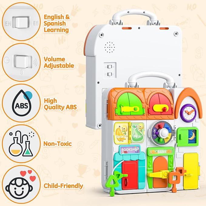 Montessori Busy Board for 1 Year Old Boy Girl, Musical Baby Toys 12-18 Months, Bilingual Learning Educational Toddlers Toys for 1-2 Year Old Birthday Gifts