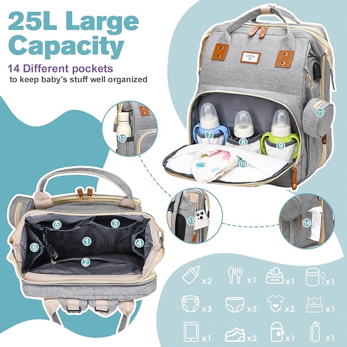 Diaper Bag Backpack, Large Waterproof Lightweight Diaper Bag with Changing Station, Insulated Pockets, USB Port & Stroller Straps, Travel Baby Bag for Mom and Dad, Baby Shower Gifts (Grey)