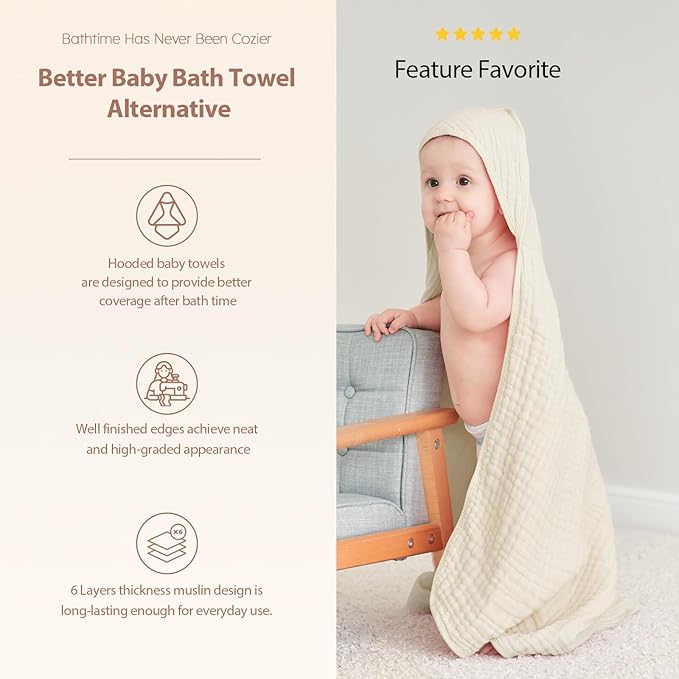 Hooded Baby Towels for Newborn - 2 Pack, 100% Muslin Cotton, Baby Bath Towels with Hood, Soft and Absorbent for Boys, Girls Infant, Toddler and Kids, Large 32x32 Inches, Newborn Essential