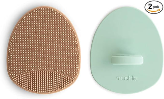 mushie Baby Bath Cradle Cap Brush | Soft Silicone Bristles for Dry Skin, Eczema, & Cradle Cap Treatment | 2-Pack (Natural/Cambridge Blue)