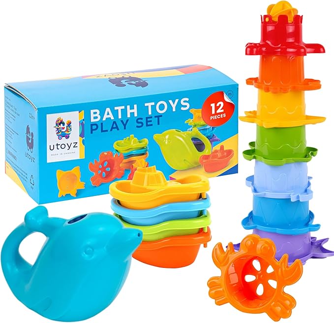 uToyz Bath Toys for Toddlers – Toddler Toys with 12pcs Rainbow Stacking Cups, Boats, & Dolphin-shaped Baby Watering Can, Baby Bath Gift & Toddler Toy for One Year Old Girl Gifts, Water Toy for Ages 1+