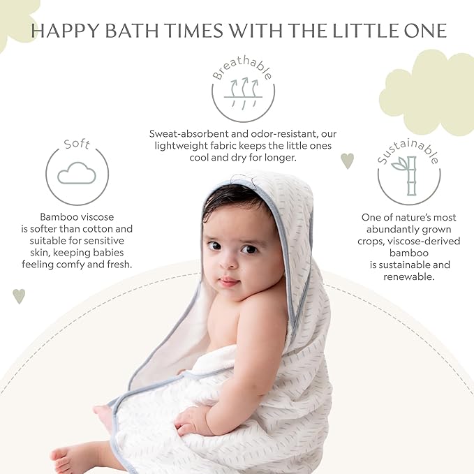 Bamboo Viscose Baby Hooded Towel & Washcloth Set for Babies and Toddlers, Soft & Absorbent, 70% Viscose from Bamboo, 30% Cotton Muslin - Imported (Blue Dash)
