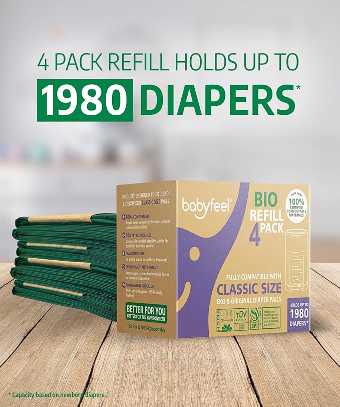 Babyfeel BIO Refills Compatible with DEKOR CLASSIC Diaper Pails | 100% Compostable |4 Pack |50% Extra Thickness | Compost Refill bags with Running Low Indicator |Powerful Odor Control | Fragrance-free