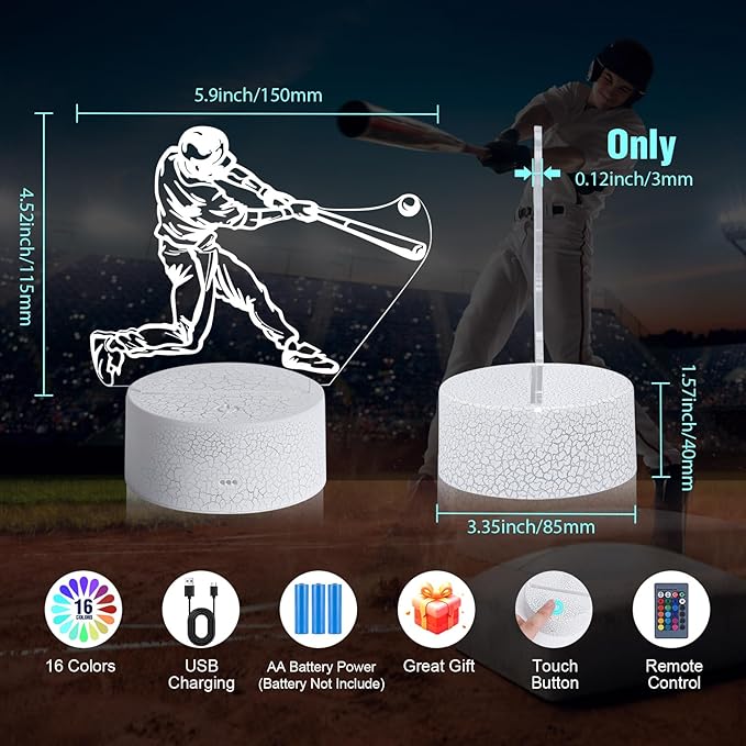 Baseball Man 3D Night Light for Kids for Teens Boys Girls Birthday Christmas Gift,with Smart Touch and Remote Control,Multiple Colors and Brightness Adjustment Room Decor Night Lamp