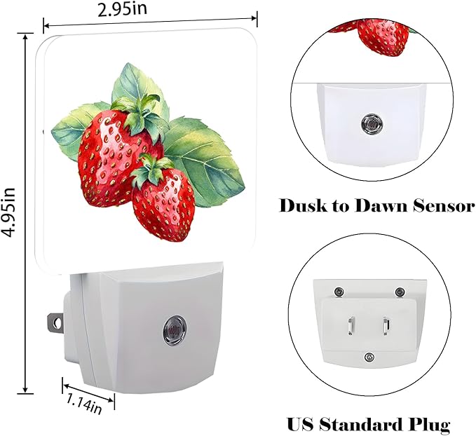 Watercolor Cute Strawberry Night Light,Plug Into Wall with Dusk to Dawn Light Sensors, Warm Nightlights for Bedroom, Bathroom, Hallway, Kitchen, Gifts Ideal for Boys Girls Women Men
