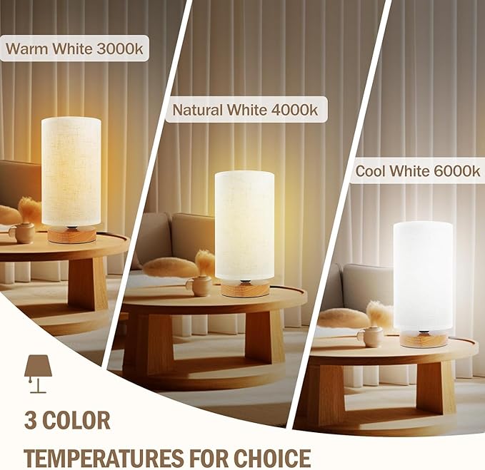 3-Color Adjustable Bedside Table Lamp for Bedroom,Minimalist Wood Base&Round Fabric Shade,Cozy Lighting Nightstand Boho Lamp,Study Reading Desk Night Stand Light for Living Room,Office,kitchen,Nursery