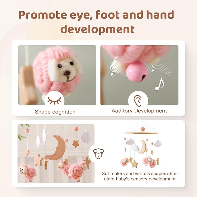 Baby Mobile for Crib, Montessori Baby Crib Mobile for Boys Girls for Bassinet, Nursery Decor for Infant Bedroom Hanging, Baby Mobile Soothe Toys - Gender Neutral Baby Gift (Pink)