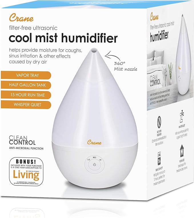 Crane Teardrop Ultrasonic Cool Mist Humidifier for Baby Nursery, 0.5 Gallon, Adjustable Settings, Essential Oil Diffuser White