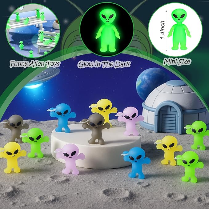 20 Pcs Colorful Mini Alien Figures Glow in The Dark Small Little Tiny Aliens Figurine Space Ship Toy Space Party Favors Prank Rubber Bag Piñata Filler