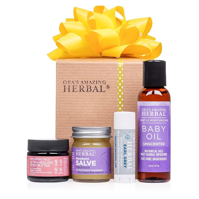 Ora's Amazing Herbal New Mom and Baby Natural Skincare Set, Natural Baby Oil, Newborn Salve, Peppermint Field Ultra Healing Body Butter for Mama's Belly, and Soothing Earl Grey Lip Balm