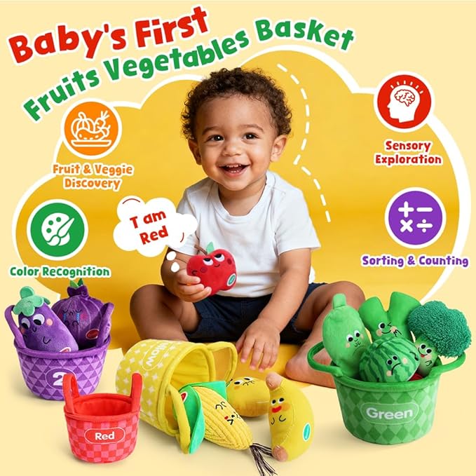 My First Fruit Vegetable Basket, 10 PCS Play Food for Toddler with Sorting Basket, Shapes Sensory Bean Bags, Baby Sensory Toys, Sorting Matching Playset, Soft Plush Stuffed Toys with Crinkle, Rattle