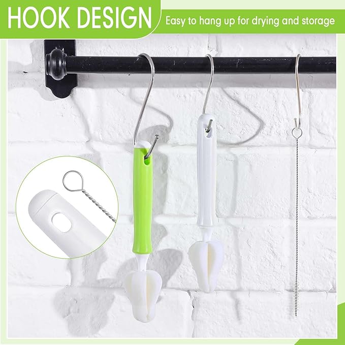 22 Pcs Sponge Bottle Nipple Brushes Set Including 12 Pcs Bottle Sponge Brush Heads 6 Interchangeable Nipple Brush Handles and 4 Long Straw Brushes for Baby Bottles (White and Green Handle)