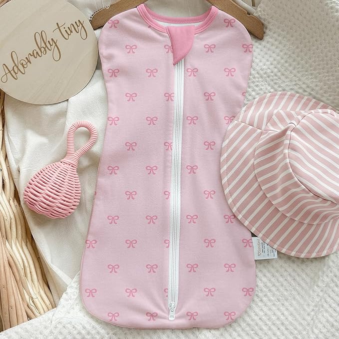 Baby Swaddle 0-2 Months, Cotton Arm-In Zipper Sleep Sack, Wearable Blankets Wrap for Newborn Infant Girls (Bow, Pack of 1)