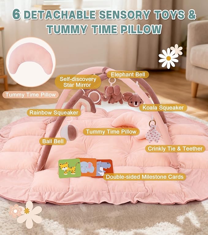 5-in-1 Baby Play Gym and Tummy Time Mat, Tummy Time Pillow & 12 Learning Cards, Plush Activity Mat with 6 Toys, Baby Gym, Convertible to Ball Pit & Pet Bed, Baby Gift, Pink
