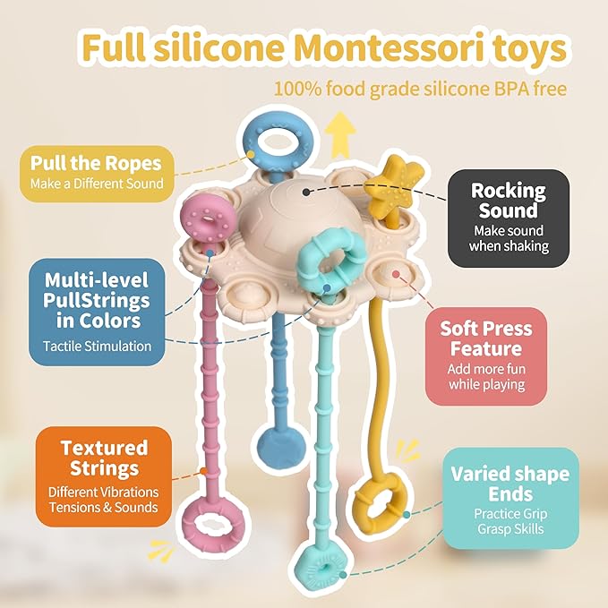 Montesorri-Toys - Montessori Pull String Toy - Made of 100% Food Grade Silicone with Built-in Rattle Function and Easy to Clean Design (Cream Color)
