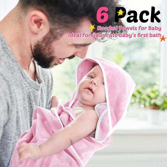 Chumia 6 Pack Baby Bath Towel Coral Fleece Soft Absorbent Newborn Hooded Towel for Kid 30 x 30 Inch Toddler Bath Blanket for Babies Infant Shower Gift(Pink, White)
