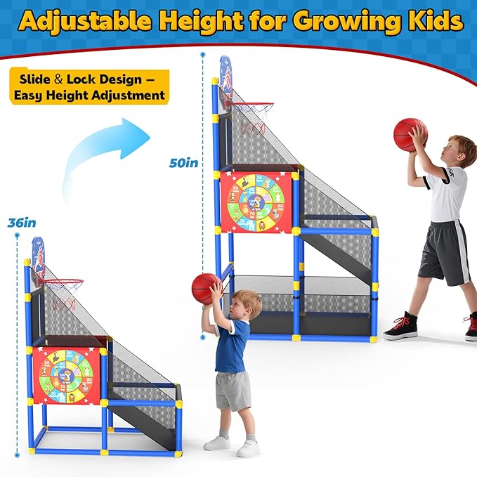 EagleStone 2-in-1 Kids Arcade Basketball Hoop with Dart Board,4 Balls Adjustable Height Basketball Toy Indoor Outdoor Carnival Games Gift for Boys Girls Toddlers Ages 3-12 Years Old,Pump Included