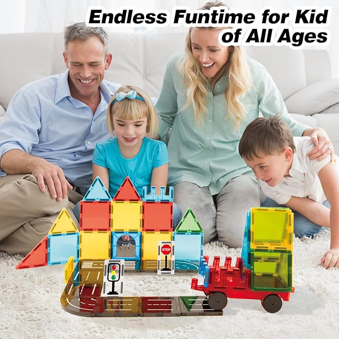 Magnetic Tiles Road Sets with Car, Magnetic Building Blocks Toys for 3+ Year Old Boys Girls, Montessori Magnet Kids Toys, Construction Toys for Ages 3 4 5 6 7 8 Christmas Birthday Gifts for Toddlers