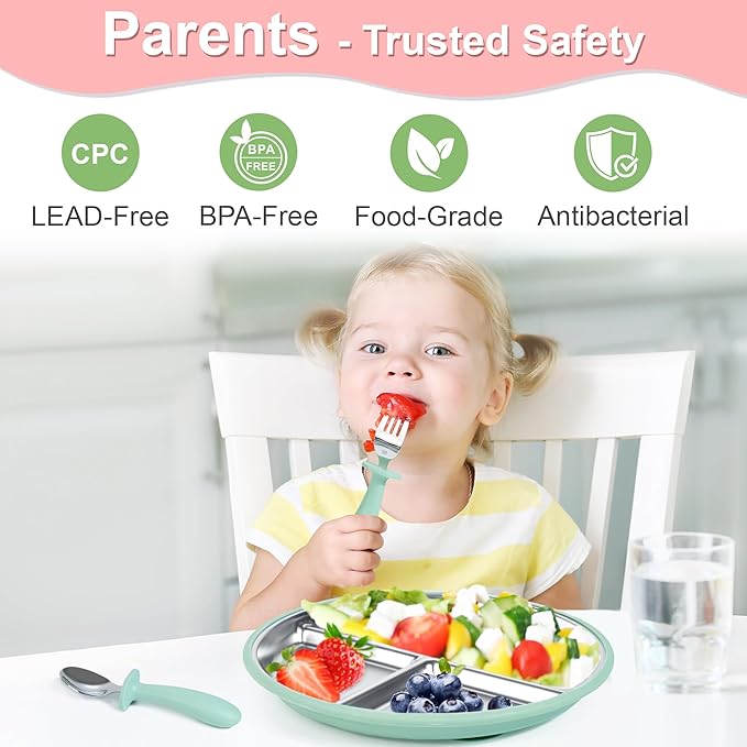 Bella’s Friends Baby Feeding Set, 2 Pack Stainless Steel Divided Plate with Silicone Suction, 2 Set Spoons and Forks, BPA Free, Dishwasher Safe, Baby Led Weaning Supplies, Toddler Utensils,beige green