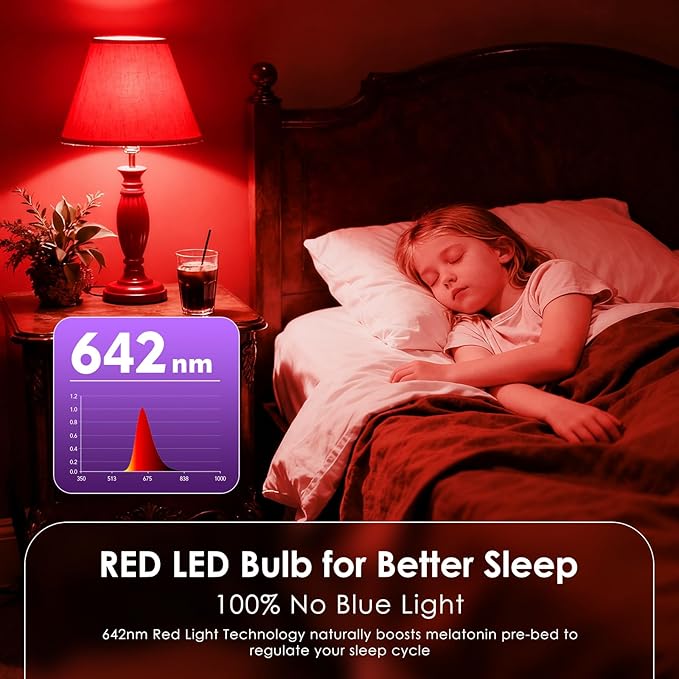 TJOY Red Light Bulbs for Sleep Dimmable, 642nm Red Led Bulb for Melatonin Promoting, 100% Blue Light Blocking, A19 60W Equivalent, 9W E26 Dim Night Light for Bedroom Baby Nursery, 2 Pack