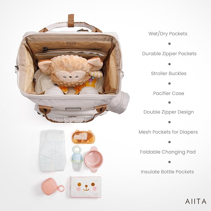 Diaper Bag Backpack, Multifunction Diaper Bag with Changing Station, Stylish Baby Bags, Large Unisex Diaper Backpack for Mom and Dad, Baby Registry Search, Portable Changing Pad – White Beige