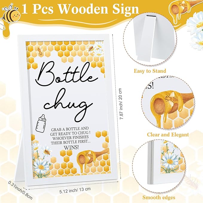 Roowest Bottle Chug Baby Shower Game Favors Including Bee Theme Wooden Sign and 18 Pcs Baby Bottles for Gender Reveal Party Supplies