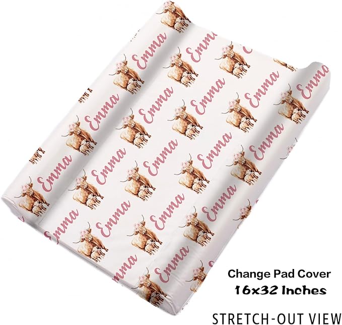 Personalized Baby Crib Bedding Set for Baby Girls, Pink Highland Cow Pattern Custom Name Baby Crib Sets 5-Pcs, Toddler Double Layer Blanket Fitted Sheets Changing Pad Cover Rug Wall Art Set