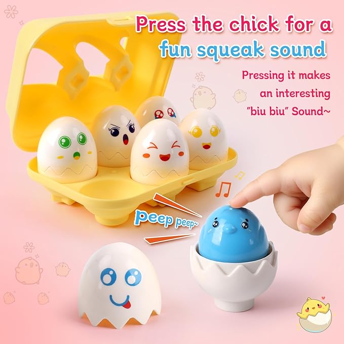 USATDD Egg Toys Hide & Squeak Matching Eggs for Toddlers, Color Recognition Sensory Learning Toys, Fine Motor Skills Montessori Toy for Kids, 6pcs