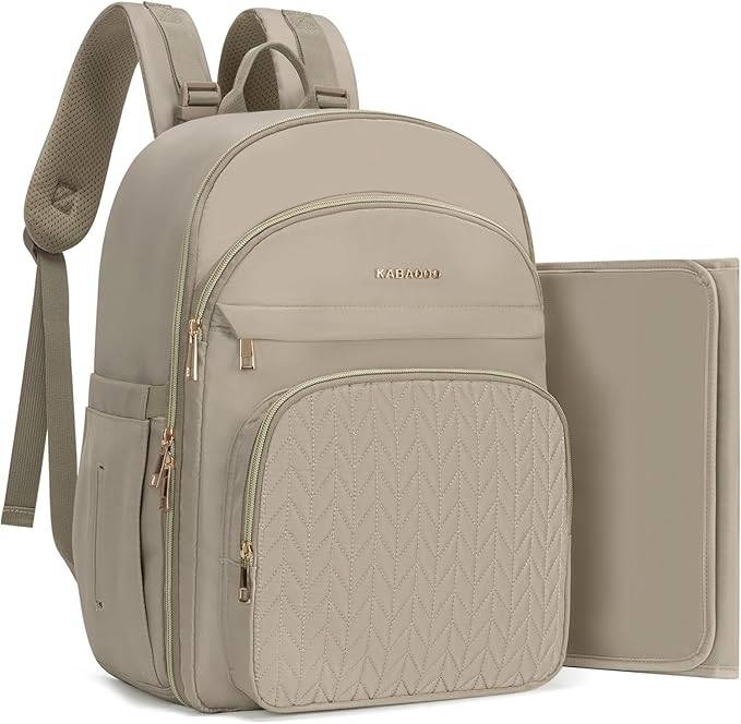 KABAQOO Baby Diaper Bag Backpack, Waterproof Diaper Backpack for Mom & Dad with Changing Pad, Insulated Pockets and Stroller Straps, Baby Shower Gifts for Girls & Boys, Brown Taupe