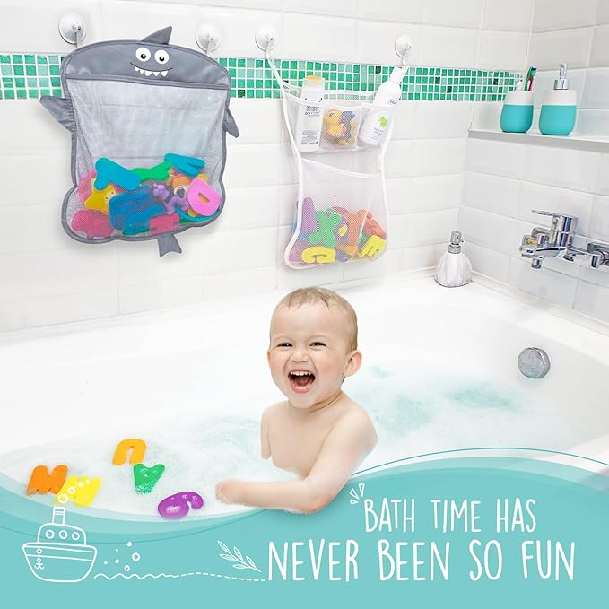 Comfylife Baby Bath Toy Organizer - Bath Toy Storage for Shower - Bathtub Toy Organizer Includes Foam Bath Toys (Numbers & Letters & Squirty Toys) + Extra Net That Doubles as a Toy