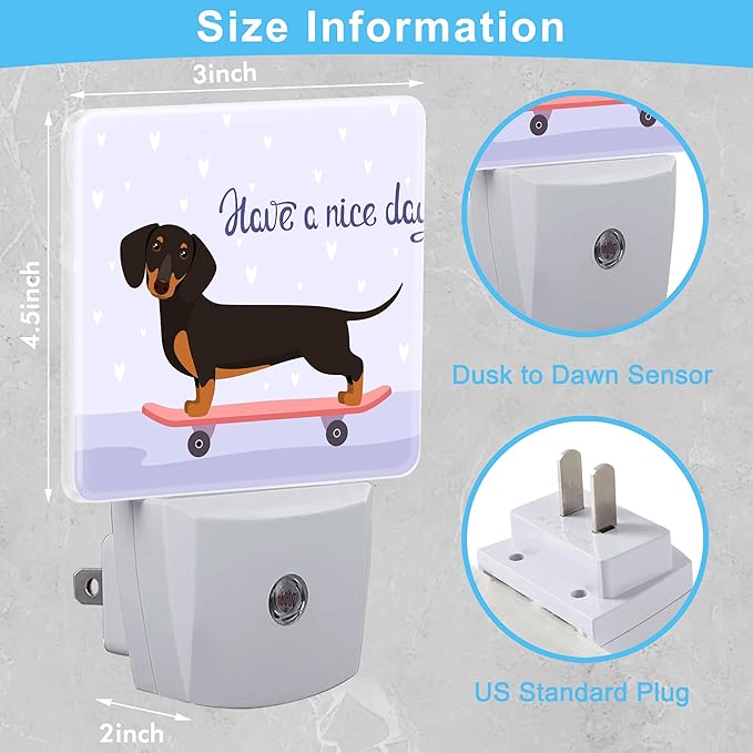 Funny Dachshund on Skateboard Plug in Night Light with Auto Dusk to Dawn Sensor,Warm Night Lights for Boys Girls Bedroom Bathroom Hallway Kids Room Gifts