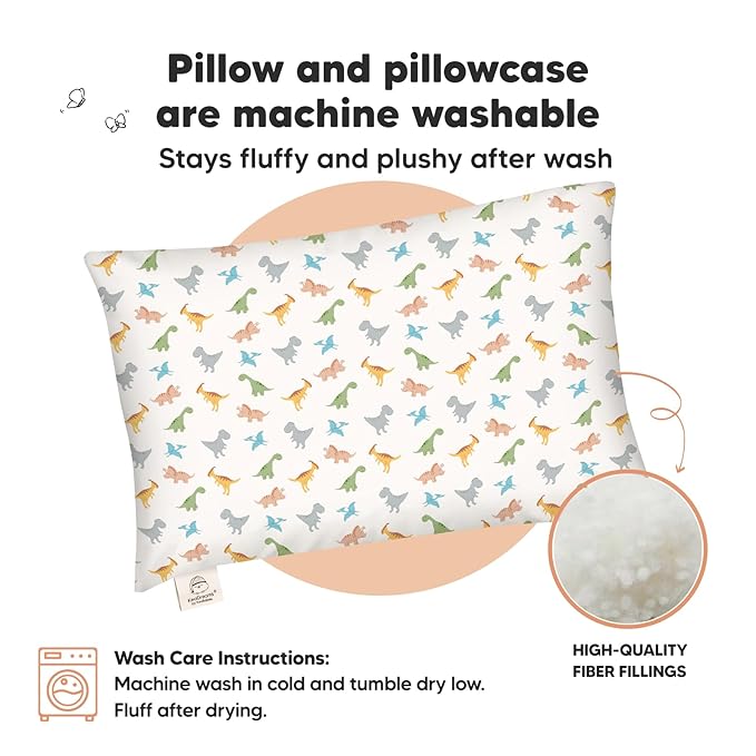 Toddler Pillow with Pillowcase - 13x18 My Little Dreamy Kids Travel Bed Pillows for Sleeping, Organic Cotton Small Pillowcase, Soft & Breathable, Machine Washable, Toddlers 2-5 Years Old (Roarsome)
