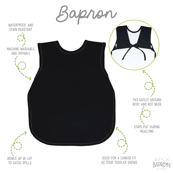 BapronBaby Minimalist Black Bapron - No Neck Tie Safer Bib for Baby & Toddler - Soft Waterproof Stain Resistant - Machine Washable - Sz Baby/Toddler 6m-3T