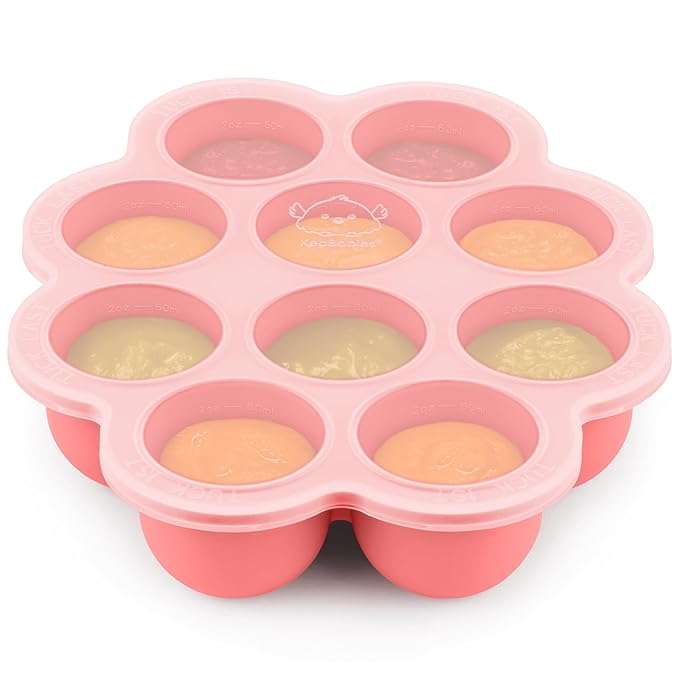 KeaBabies Silicone Food Freezer Trays with Lid, 2oz x 10 Pods Baby Food Storage Containers, Easy Puree Meal Prep, Breast Milk Silicone Freezer Molds, Dishwasher,Microwave Safe,BPA-Free(Blossom)