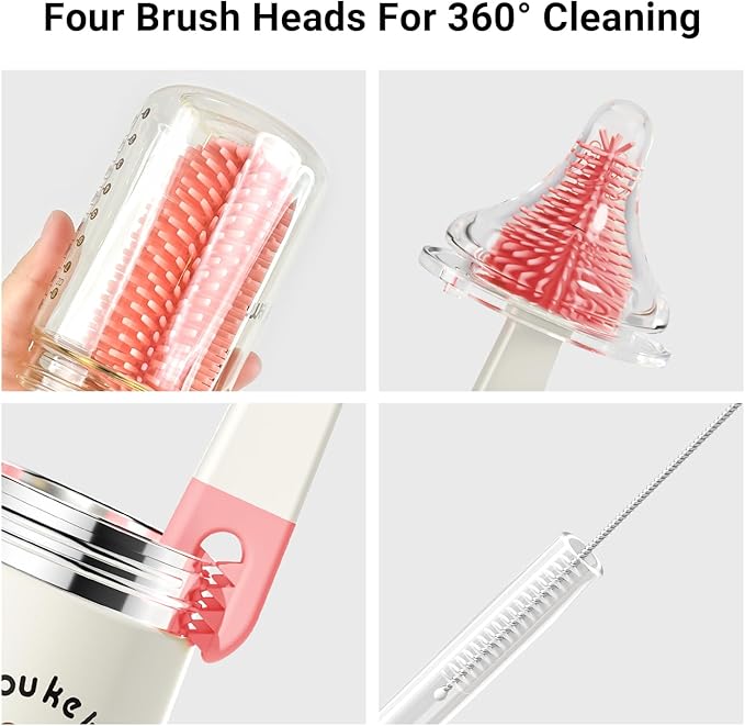 Baby Bottle Brush, 7 in 1 Travel Baby Bottle Cleaner Brush Set with Silicone Brush, Nipple Brush, Straw Brush, Soap Dispenser, Portable Drying Rack, Breast Pump & Bottle Cleaning Kit - Coral Pink