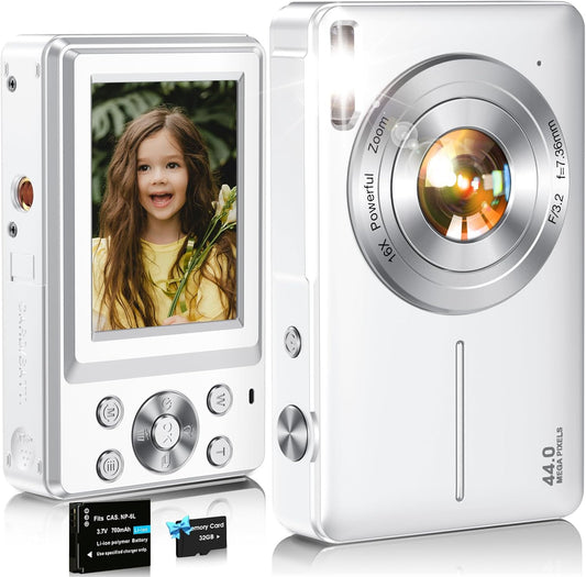 Digital Camera,FHD 1080P Kids Camera 44MP Point and Shoot Digital Cameras with 32GB Card,16X Zoom,Anti-Shake,Date Stamp,Compact Small Cameras Photography for Kids Student Teen Girl Boy(White)