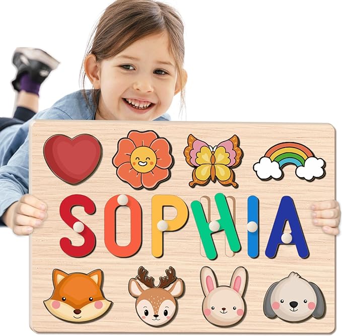 Personalized Name Puzzle for Kids, Custom Wooden Puzzles for Toddlers 1-3 Engraved Text on Back, Personalized Baby Gifts Educational Toys for 1 Year Old Girl Gifts for Birthday Baptism