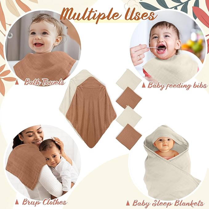 Preboun 6 Pcs Muslin Hooded Baby Towels and Washcloths 32"x 32" Cotton Newborn Bath Towel Anti-Shrink Infant Baby Blankets with Hood 12"x 12" Washcloths for Girl Boy Toddler(Grey,Coffee)